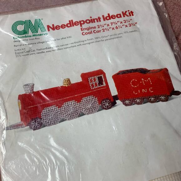 Vintage 1978 Plastic Canvas Kit Needlepoint Red Train Engine w Coal Car Joan Ray - Picture 1 of 6